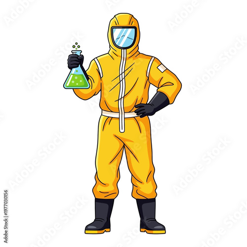 Scientist in Hazmat Suit Holding Chemical Flask with Green Liquid