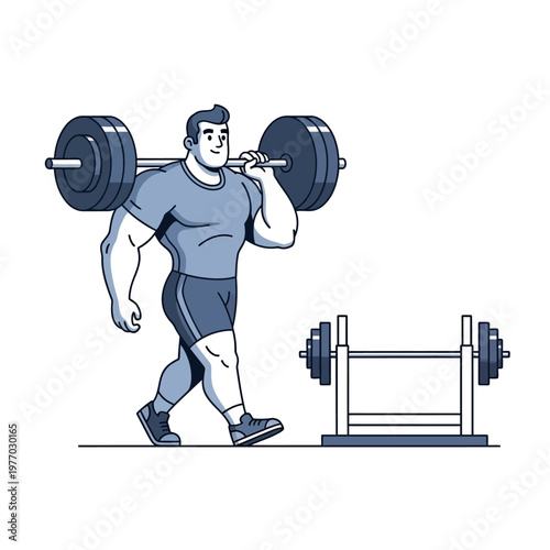Muscular man walking with heavy barbell on shoulder, fitness and strength training