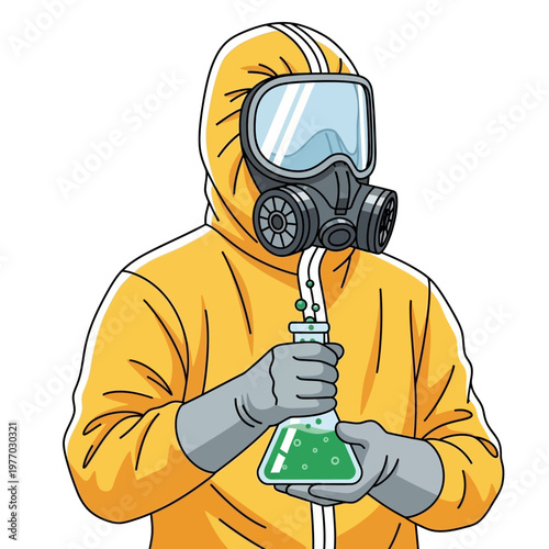 Scientist in Hazmat Suit Holding Flask with Green Liquid, Chemical Research Illustration
