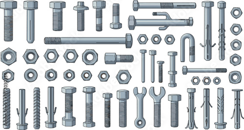 Mechanical fasteners and anchors vector set, bolts nuts washers screws hardware collection, industrial construction elements detailed illustration isolated design