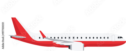 Side view illustration of modern commercial airplane with red and white fuselage, jet engines, passenger windows, vector graphic isolated on white background for aviation design concepts