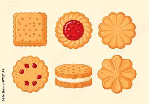 Set of Assorted Sweet Biscuits and Cookies Vector Illustration; Collection of Different Crackers, Jam-Filled, and Sandwich Cookies for Snack Food Design
