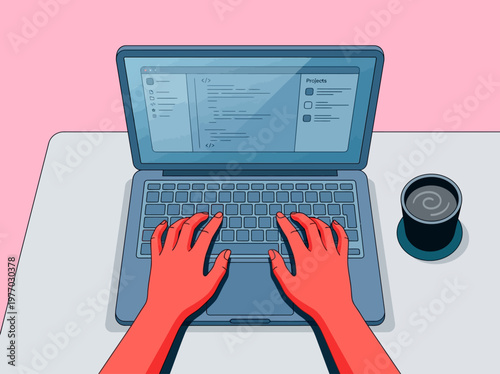 Flat Illustration of a Software Developer Coding on a Laptop with a Cup of Coffee on a Pink Background