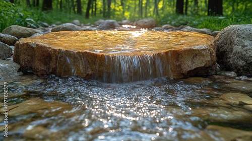 Sunlit Forest Stream With Smooth Rock And Rippling Water On A Clear Day