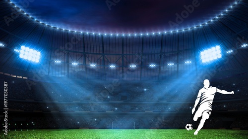 Soccer Player Silhouette Kicking Ball in Large Stadium with Bright Blue Floodlights at Night.