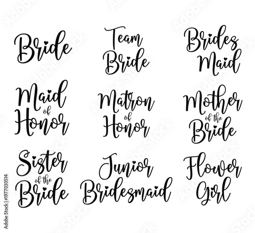 Handwritten Wedding words vector,  Black calligraphy wedding text, Bride vector, Team Bride, Vector Bridal shower designs, Wedding vector set, Handwritten Bride designs