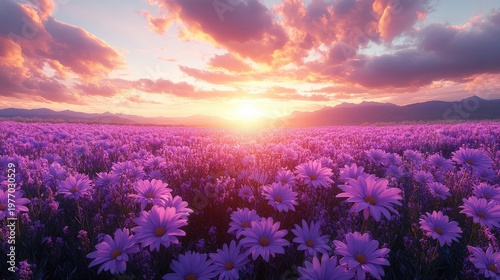 Purple Flower Field At Sunset With Dramatic Clouds And Golden Sun Rays