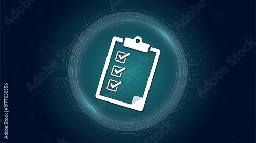 Digital clipboard with three checkmarks on a dark blue technological background