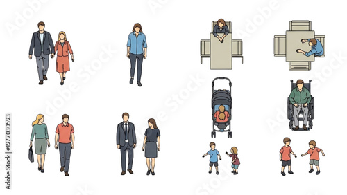 Family members walk and play with kids in vector CAD illustrations