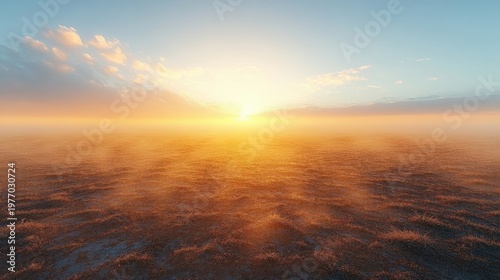 Vast Grassy Field Bathed in Golden Sunrise Light with Wispy Clouds Above