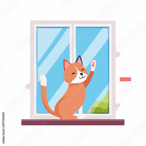 A cartoon cat playfully waves from a window sill indoors.