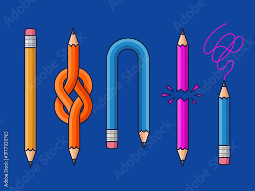 Creative Concept Illustration with Knotted, Broken, and Flexible Pencils on Blue Background representing Problem Solving and Flexibility