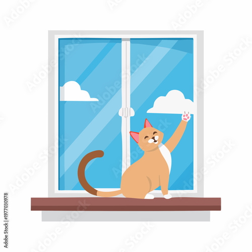 A curious cat sitting on a windowsill looks out at clouds