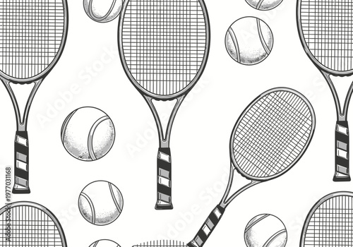 Vintage Tennis Racket and Ball Seamless Pattern in Engraving Illustration Style