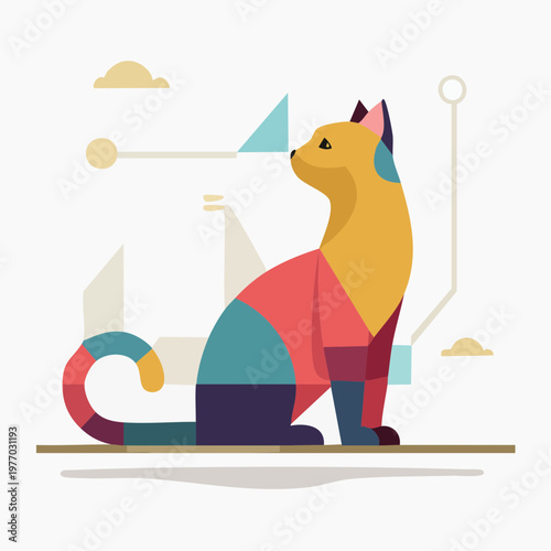 Vibrant feline sits calmly on ground amidst geometric shapes and lines outdoors
