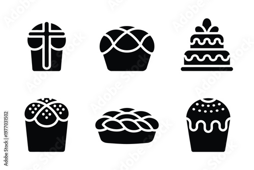 A set of black and white icons of various baked goods