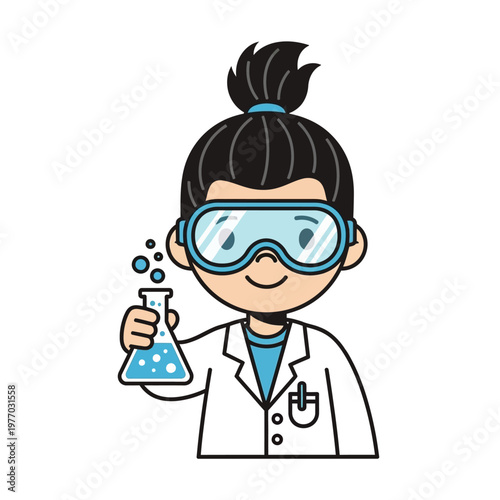 Cartoon Kid Scientist Holding Flask with Bubbles, Wearing Goggles and Lab Coat