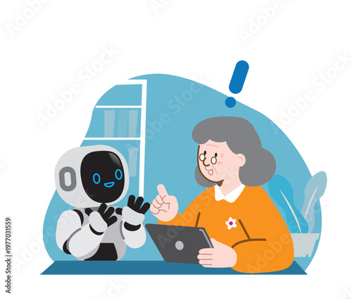 Friendly humanoid robot providing care and assistance to a senior citizen.