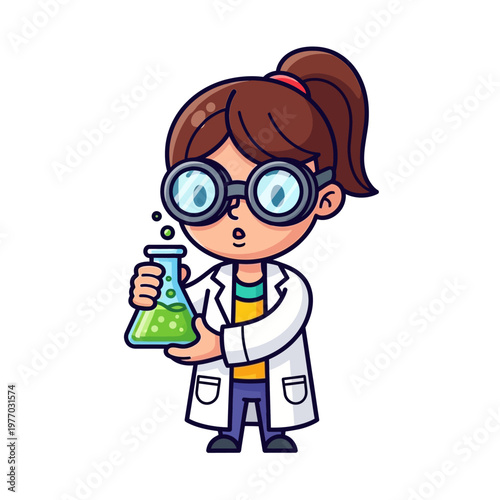 Cartoon Girl Scientist Holding Flask with Green Bubbling Liquid, Wearing Lab Coat and Goggles