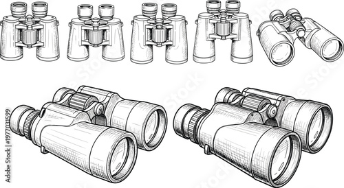Binoculars Line Drawing Set with Multiple Angles and Perspectives, Optical Equipment Illustration, Detailed Vintage Style Field Glasses Vector Design