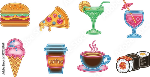 Colorful Fast Food and Drinks Icon Set with Burger, Pizza, Cocktails, Coffee, Ice Cream, Sushi Illustration, Modern Food Collection Vector Design