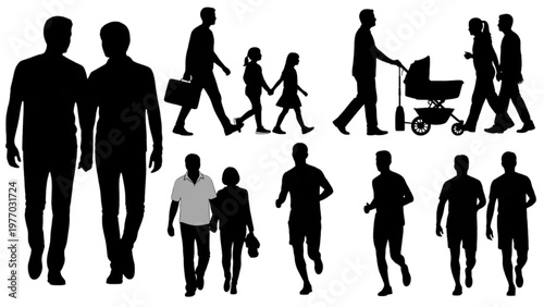 Vector CAD illustration of people walking in various directions outdoors