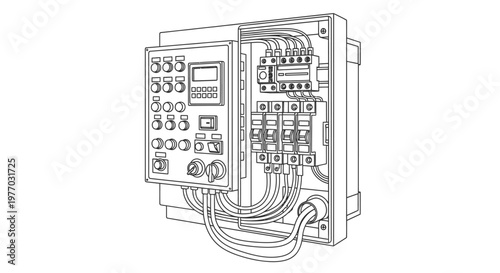 Electrical Control Panel Line Art Illustration, Industrial Automation System, Power Distribution Box, Electronic Circuitry Diagram