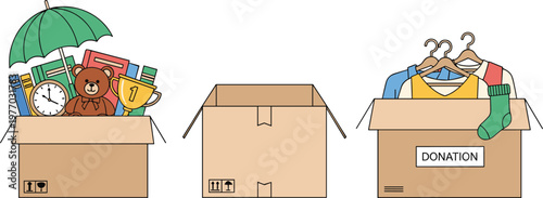 Donation Boxes with Clothes Toys and Household Items Charity Collection Concept for Giving Support Volunteer Help and Social Care Vector Illustration
