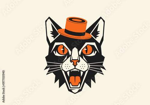 Vintage Graphic Illustration of a Black Cat Wearing an Orange Top Hat, Geometric Feline Character Design