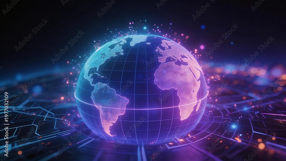 Fototapeta premium Futuristic digital earth with neon network connections, ideal for global tech, communication and digital design projects.