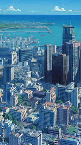 シティポップと1980年代の空気感を感じる海沿いの都市風景を描いたスタイリッシュな街並みイラスト、開放的な景観と爽やかな都市の魅力を表現したビジュアル、広告や動画背景素材としても活用できる高品質作品