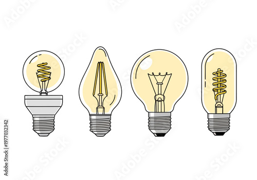 Set of Different Light Bulb Vector Illustrations Representing Innovation, Creative Ideas, and Energy Efficiency