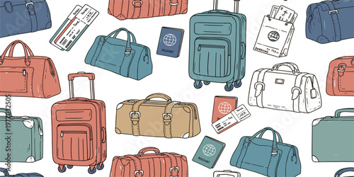 Travel Bags and Luggage Seamless Pattern with Suitcases, Passports, Boarding Passes, and Hand Drawn Vacation Elements for Tourism, Trip Planning, and Travel Design