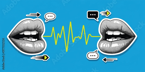 Voice Communication Concept with Pop Art Lips, Speech Bubbles, and Sound Wave Illustration for Audio Messaging, Conversation, Podcast, and Digital Media Design
