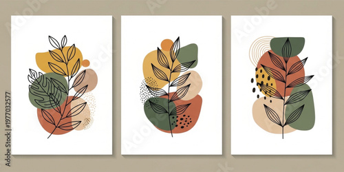 Abstract Botanical Wall Art Set with Minimal Line Leaves and Organic Shapes in Earth Tone Colors for Modern Interior Decor and Contemporary Design