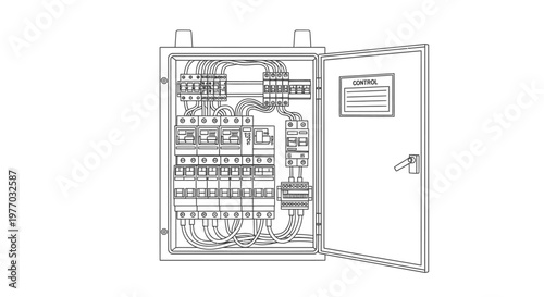 Electrical circuit breaker box line art illustration. Open power distribution panel with fuses and wiring, engineering diagram.