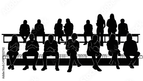 People sitting and standing on bleachers in a vector CAD stadium setting