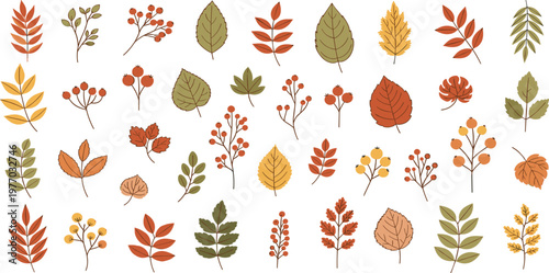 Autumn Leaves and Botanical Elements Set with Hand Drawn Foliage, Branches, and Berries in Warm Fall Colors for Seasonal Design and Nature Illustrations