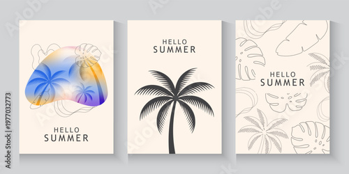 Summer tropical minimal background with tropical palm leaves. colorful gradient tropical leaves nature cards collection for summer holiday or spring poster cover, flayer, abstract background.