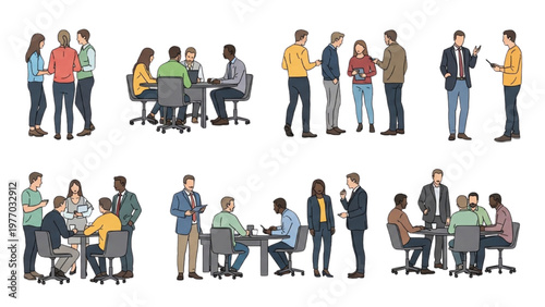 Diverse office workers collaborate in vector CAD designed meeting rooms and spaces.