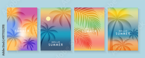 Summer tropical minimal background with tropical palm leaves. colorful gradient tropical leaves nature cards collection for summer holiday or spring poster cover, flayer, abstract background.