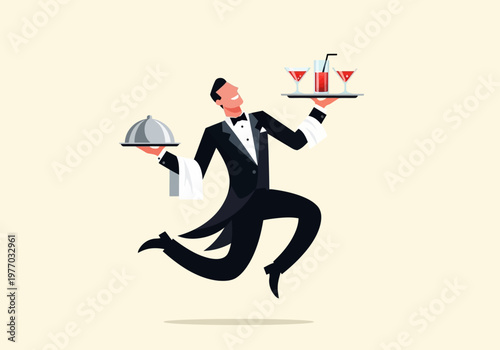 Joyful Butler in Formal Tuxedo Balancing Food Cloche and Cocktails while Jumping - Professional Catering Service Concept