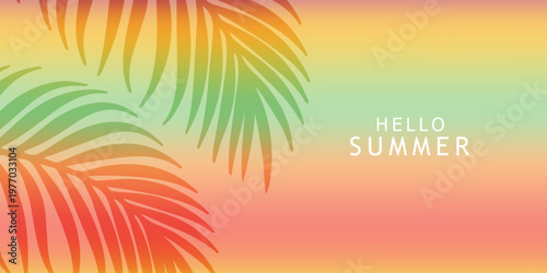 Summer tropical minimal background with tropical palm leaves. colorful gradient tropical leaves nature cards collection for summer holiday or spring poster cover, flayer, abstract background.
