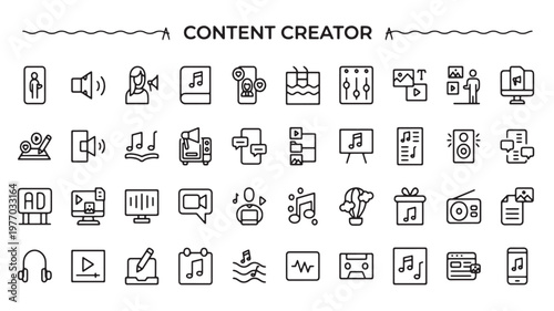 Content Creator Icons Set Social Media Digital Marketing Video Audio Tools Vector