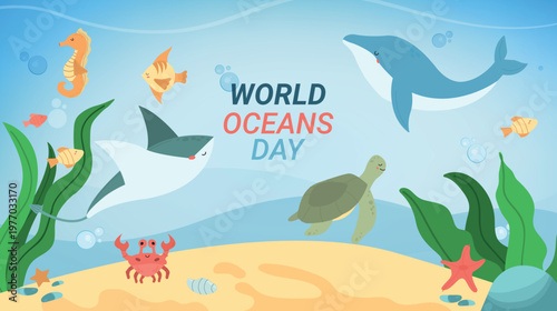 World Oceans Day underwater background with cute sea animals and marine life in flat style vector illustration.