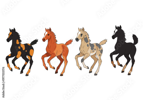 Set of Four Galloping Horse Foals Illustration - Cute Cartoon Pony Characters with Different Coat Colors and Patterns: Black, Chestnut, and Spotted Appaloosa