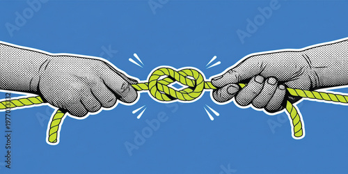 Business Problem Solving Concept with Hands Untying Knot Rope, Overcoming Challenges, Conflict Resolution, Teamwork Strategy, Pop Art Vector Illustration Background