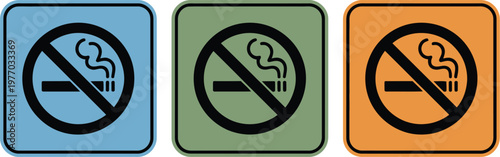 No smoking prohibition icon set, black and white vector icons featuring cigarette ban symbols in rounded squares for workplace safety health campaigns and regulatory signage.