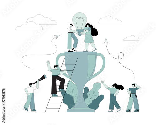 path to achieving the goal, flat men holding a light bulb in their hands, standing on the cup, raising motivation. Vector illustration