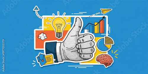 Business Success Concept with Thumbs Up Gesture, Innovation Idea Light Bulb, Growth Charts and Analytics Icons, Creative Strategy Pop Art Vector Illustration